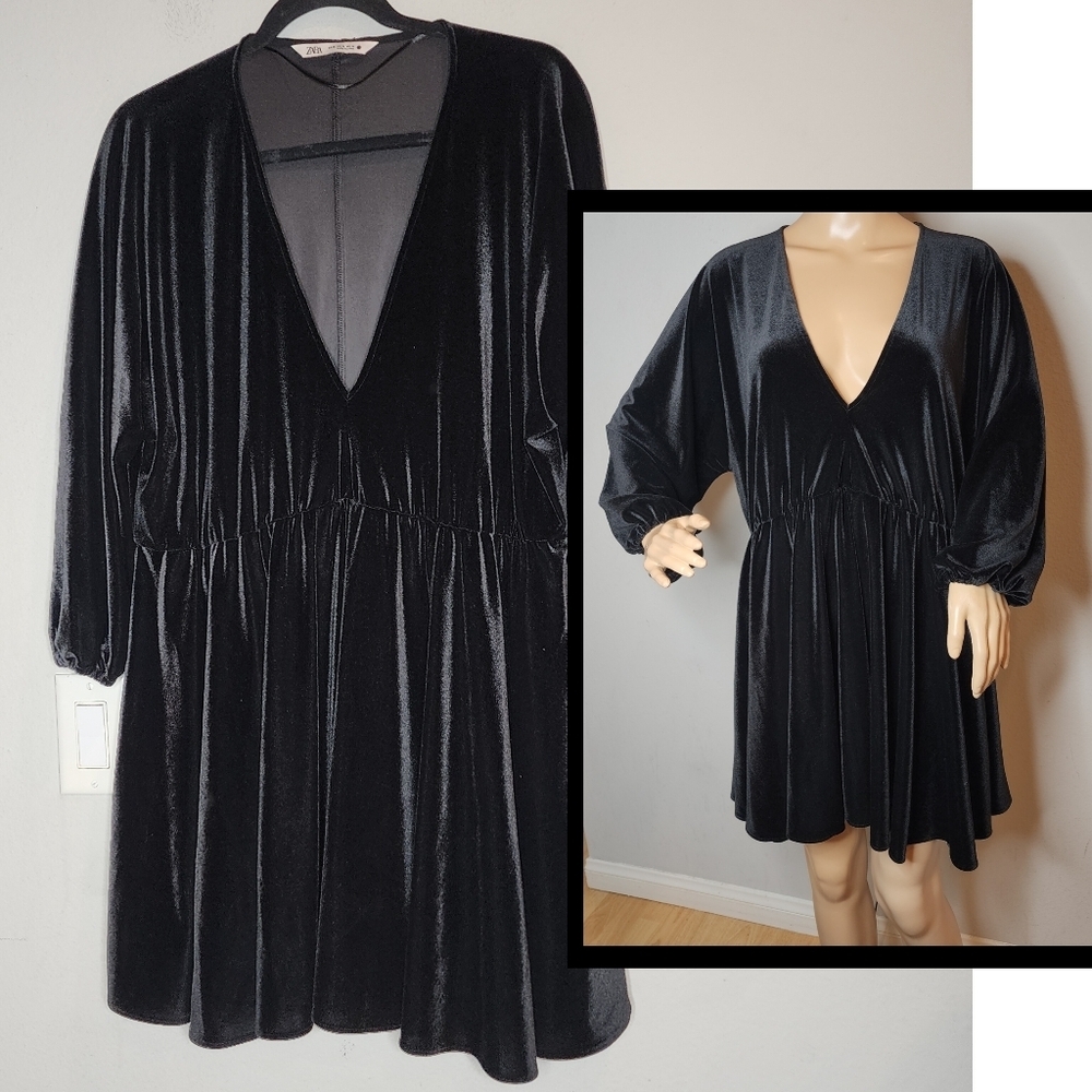 Zara Black Velvet Stretch V-neck Long Sleeve Babydoll Mini Dress Size XL